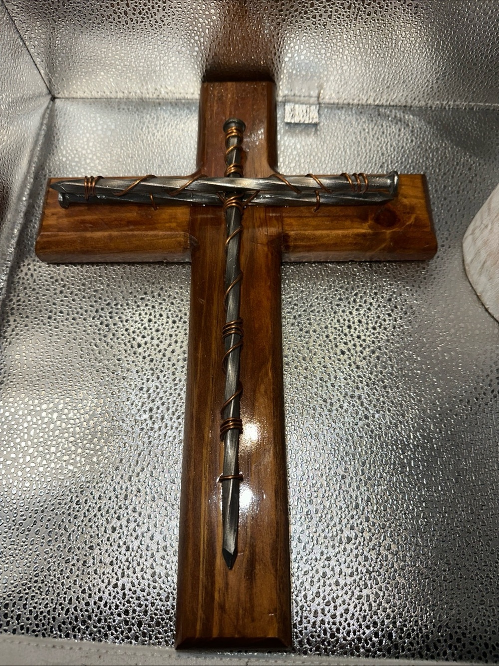 Cristian Cross Plaque Wood, Copper and Steel Nail 14”x10”